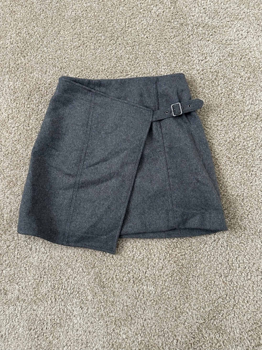 Maeve Dark Gray Wrap-Front Mini Skirt with Side Buckle